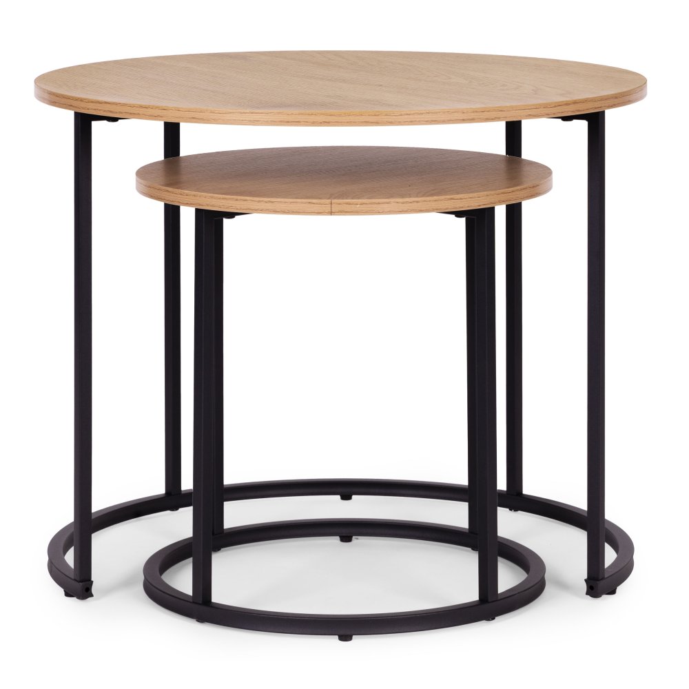 Kafijas galdiņu komplekts 2 gab. apaļi loft stila ModernHome, gaišs ozols (3)