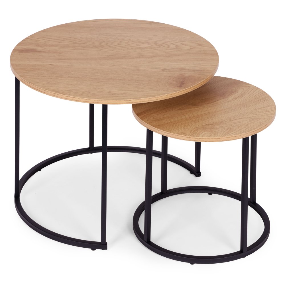 Kafijas galdiņu komplekts 2 gab. apaļi loft stila ModernHome, gaišs ozols (2)