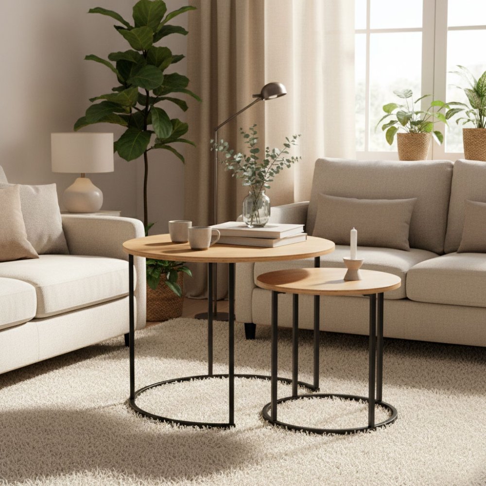 Kafijas galdiņu komplekts 2 gab. apaļi loft stila ModernHome, gaišs ozols (1)