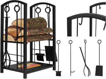 Metāla Malkas Brikešu Turētājs + Kamīna Krāšņu Piederumu Rīku Aksesuāru Komplekts 5 gab. | Metal Fireplace...