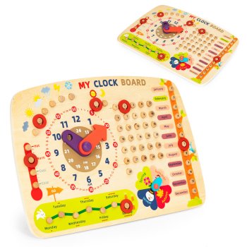 Koka izglītojošā tāfele bērniem kalendārs pulkstenis ECOTOYS
