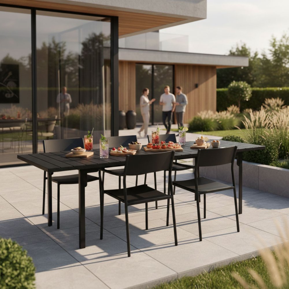 Izvelkamais dārza galds 180-240 cm līdz 12 personām tērauda HDPE MultiGarden, melns (0)