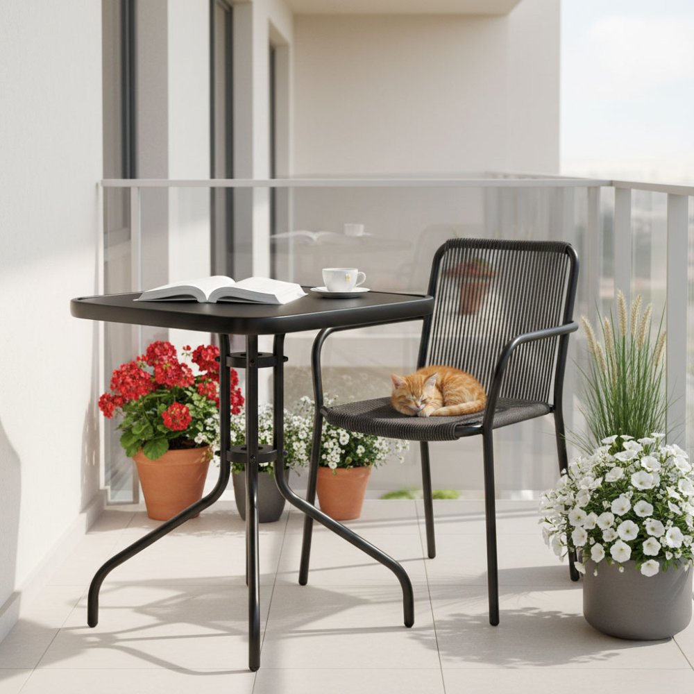 Dārza galds kvadrātveida 60 cm ar rūdīta stikla virsmu MultiGarden, melns (1)