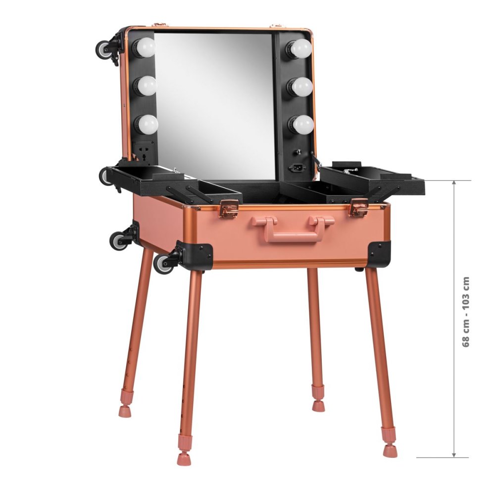 KUFER Profesionālais Galdiņš/Koferis Vizažista Makeup Grima Kosmētikas ar Spogulis un LED Apgaismojumu T-27, roza... (0)