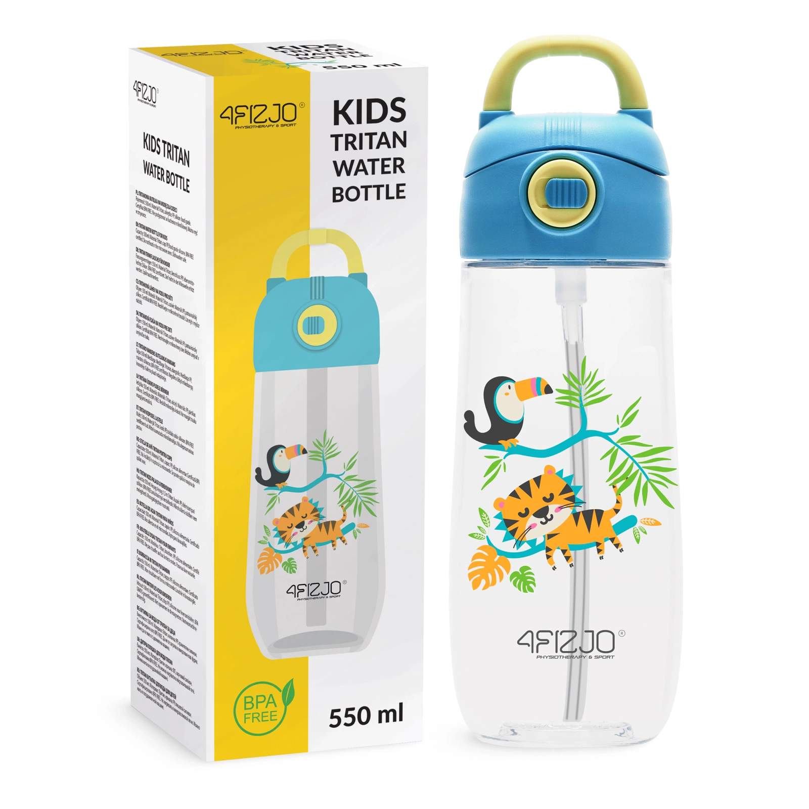 Bērnu ūdens pudele 4FIZJO ar salmiņu 550 ml, džungļu raksts