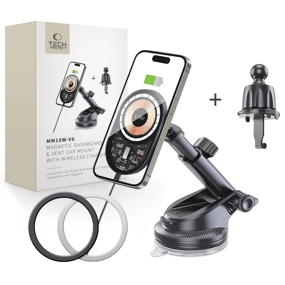 Tech-Protect MM15W-V6 15 W auto lādētāja turētājs ar MagSafe ierīci priekš paneļa un ventilācijas atveres - melns | 15W Car Charger Holder with for Dashboard and Air Vent Black
