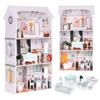 Koka leļļu māja Alice ar 3 stāviem, 4 istabām un 9 mēbelēm, ECOTOYS