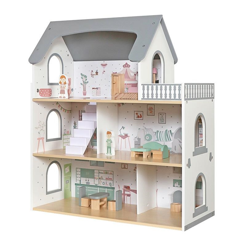 Koka leļļu māja ar terasi un mēbelēm XXL komplekts (0)
