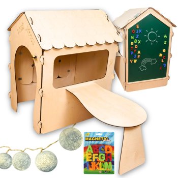 Bērnu koka rotaļu mājiņa ar galdu un krīta dēli dārzam un pagalmam, 86x137x105 cm | Kids Garden Wooden House