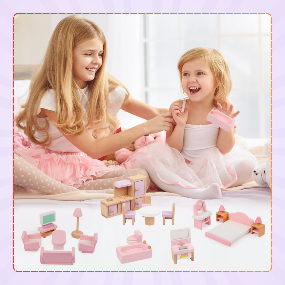 Koka leļļu mājas mēbeles, 22 elementu komplekts | Wooden Dollhouse Furniture (1)