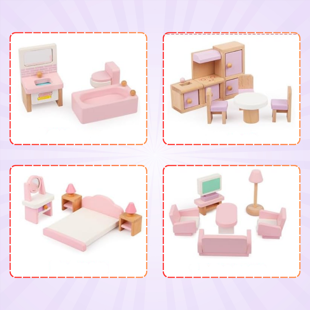 Koka leļļu mājas mēbeles, 22 elementu komplekts | Wooden Dollhouse Furniture (3)