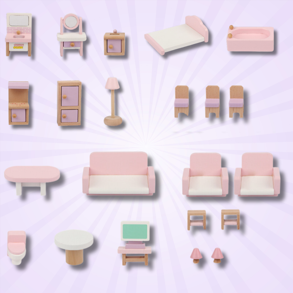 Koka leļļu mājas mēbeles, 22 elementu komplekts | Wooden Dollhouse Furniture (4)