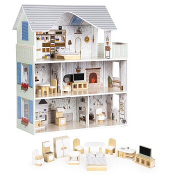Koka leļļu māja Emma ar 10 mēbelēm, 3 stāvi, ECOTOYS