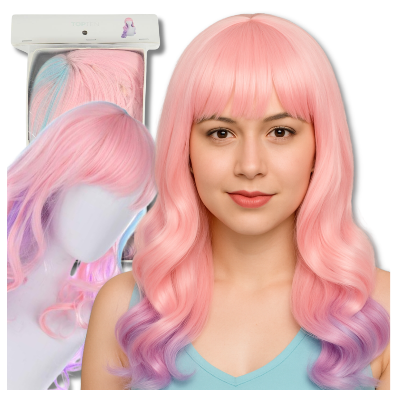 Gara parūka ar čolku ballītēm un karnevālam, rozā un violeta