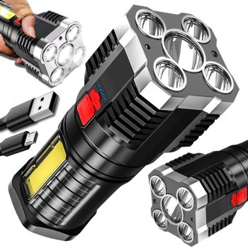 Uzlādējama LED prožektora lukturis ar COB sānu gaismu, USB, melns