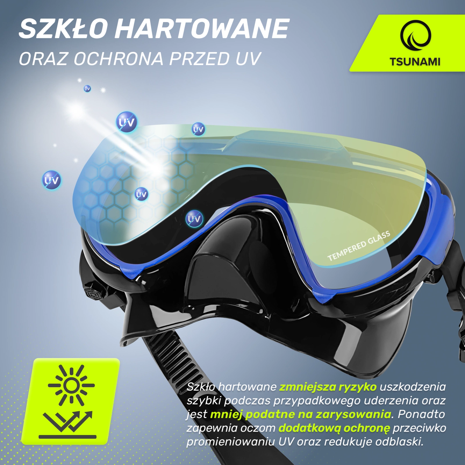 Niršanas un snorkelēšanas maska ar caurulīti TSUNAMI, zila (0)