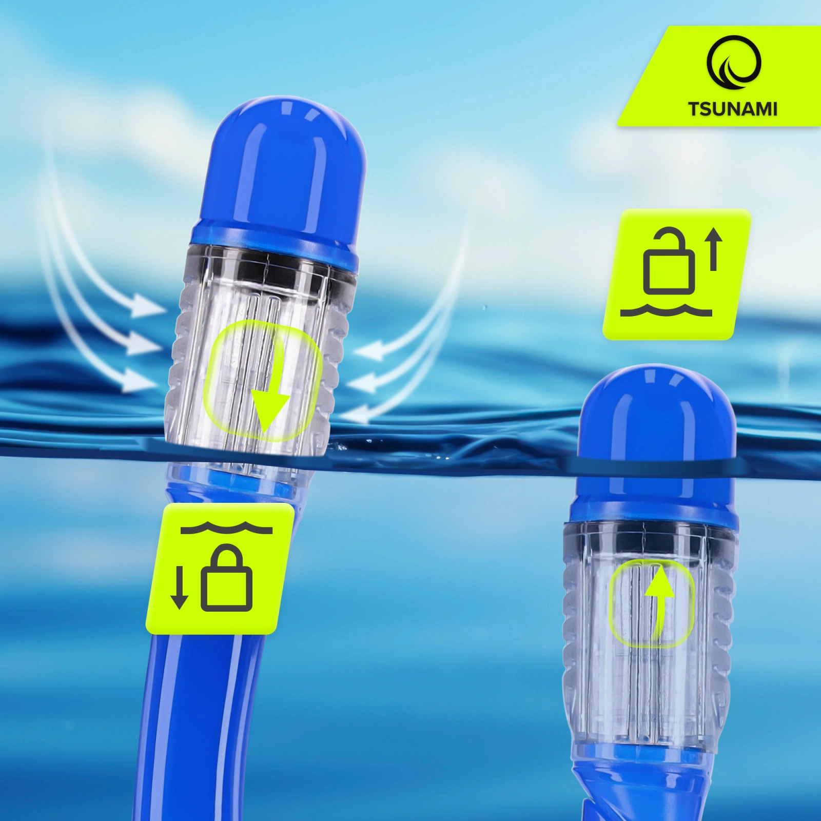 Niršanas un snorkelēšanas maska ar caurulīti TSUNAMI, zila (2)