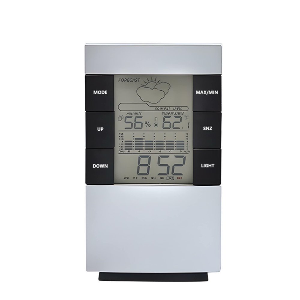 Digitālā meteoroloģiskā stacija ar termometru un pulksteni, sudraba-melna (2)