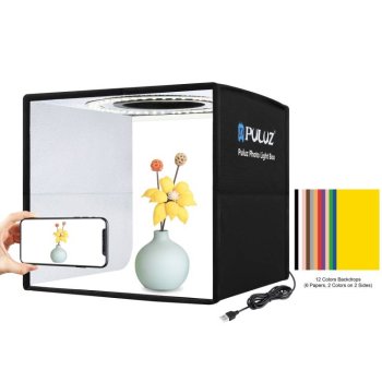 Puluz Portatīvā Studija Priekšmetu Bildēšanai Gaismas Kaste LED 25cm ar Foniem | Photo Studio Light Box LED