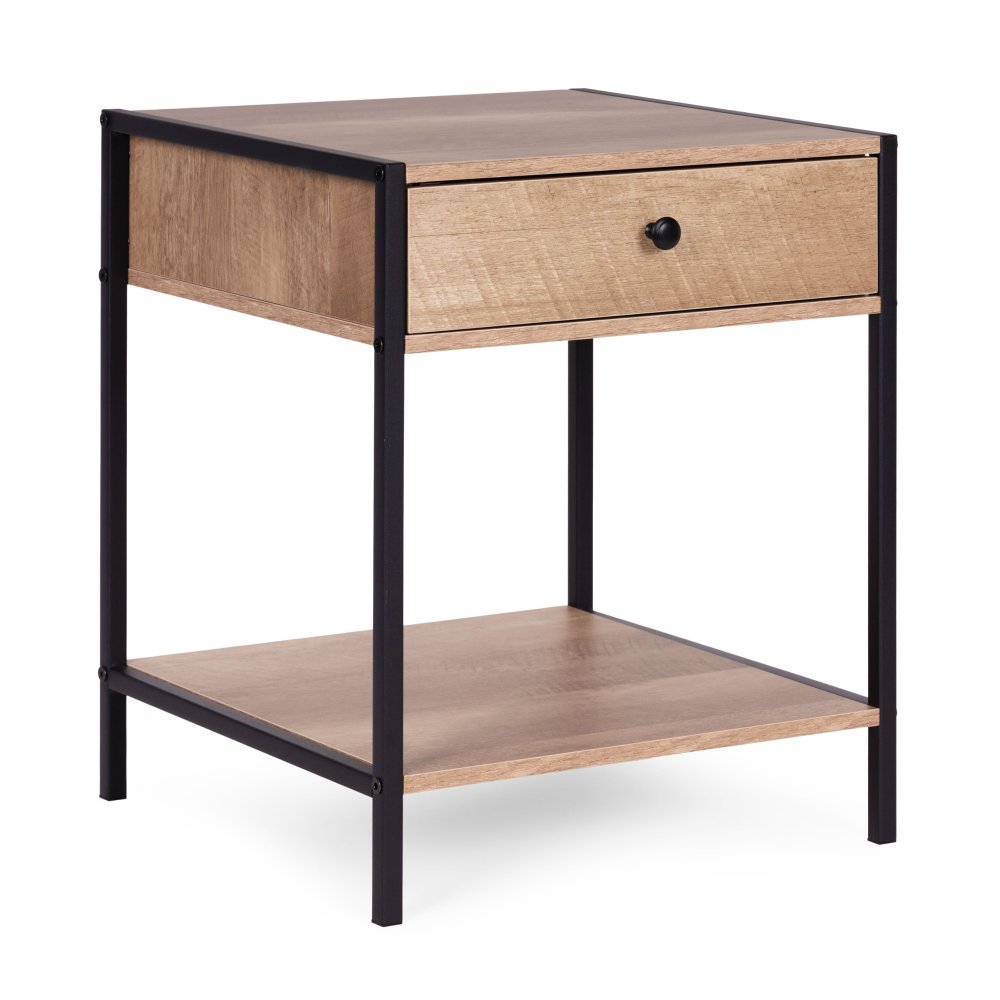 Naktsskapītis ar atvilktni un plauktu ModernHome lofta stilā, gaišs ozols (3)