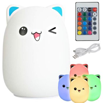 Bērnu Silikona Nakts LED RGB Gaismas Lampa ar Tālvadības Pulti, Kaķis | Kid's Silicone Night Light Lamp