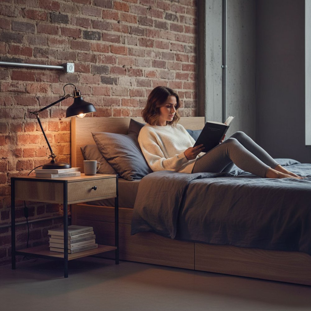 Naktsskapītis ar atvilktni un plauktu ModernHome lofta stilā, gaišs ozols (1)