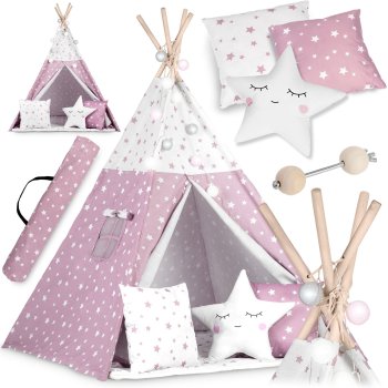 Nukido Bērnu Tipi Telts Vigvams ar Apgaismojumu, Rozā zvaigznes | Children Tent Tipi with Lights