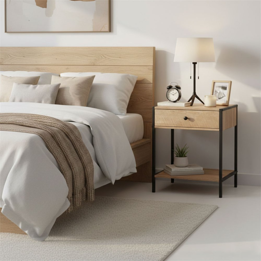 Naktsskapītis ar atvilktni un plauktu ModernHome lofta stilā, gaišs ozols (0)