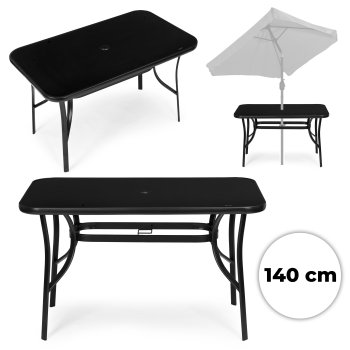 Dārza galds MultiGarden 140x80 cm ar rūdīto stiklu un saulessarga atveri, melns