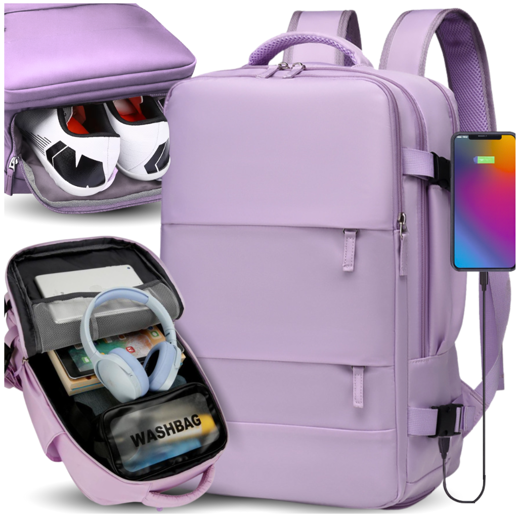 Ceļojumu mugursoma 40x30x20 Wizzair rokas bagāža ar USB portu lidmašīnai