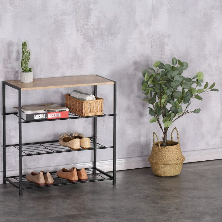 Apavu plaukts ModernHome 3 līmeņu loft stila statīvs priekšnamam, melns (1)