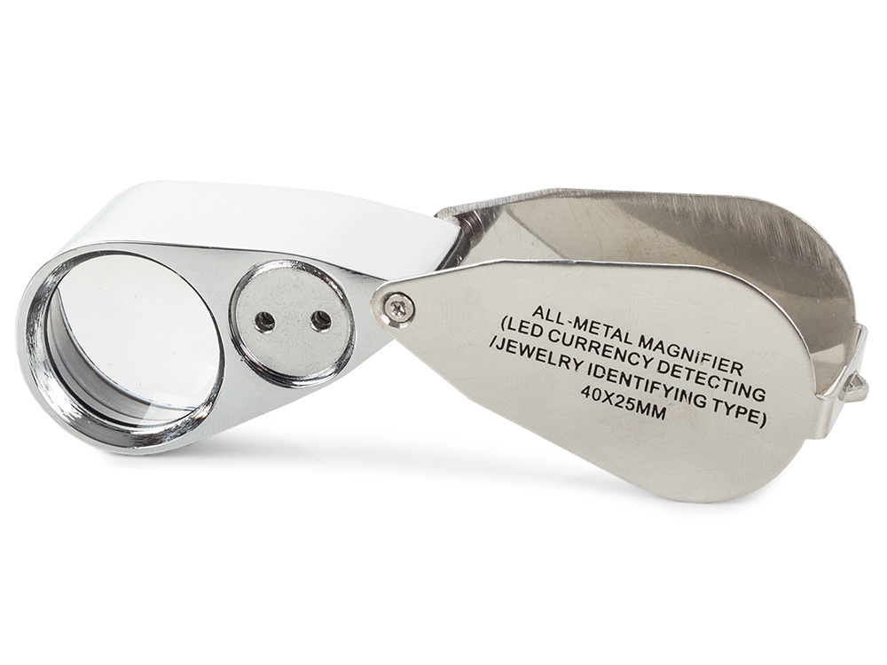 Salokāma metāla kabatas lupa 40x ar 2 LED un UV gaismu, sudraba (2)