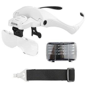 Galvas lupa ar 4 LED apgaismojumu un 5 lēcām 3.5x, balta