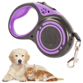 Automātiskā suņu pavada ar fiksatoru, lente 5 m, līdz 15 kg, violeta