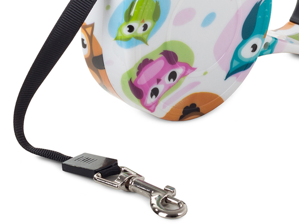 Automātiskā lentes pavada suņiem 5m 15kg, balta ar pūcēm (1)