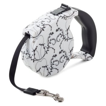 Automātiskā lentes pavada sunim ar fiksatoru 5m 15kg, balta ar lilijām