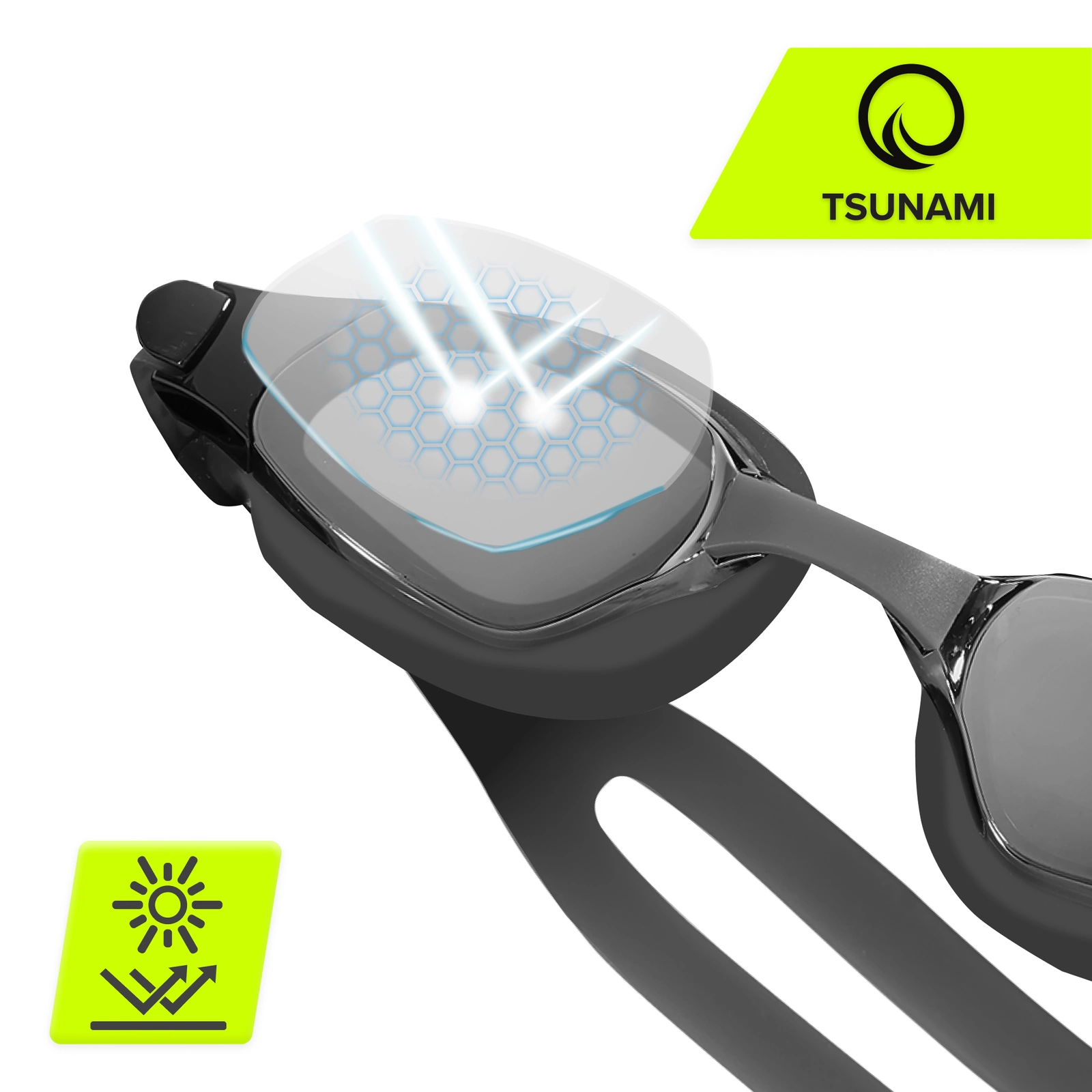 Peldēšanas brilles TSUNAMI ar Anti-Fog pārklājumu un UV filtru, melnas (2)