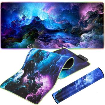 Datorgalda Klaviatūras Paklājs Peles Paliktnis Kosmoss ar Apgaismojumu LED RGB, 30x80cm | Computer Table Carpet Mat...