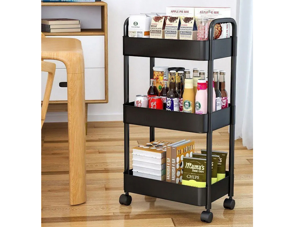 Pārvietojams 3-līmeņu plaukts uz riteņiem virtuvei, vannas istabai, Melns | Storage Trolley on Wheels (1)