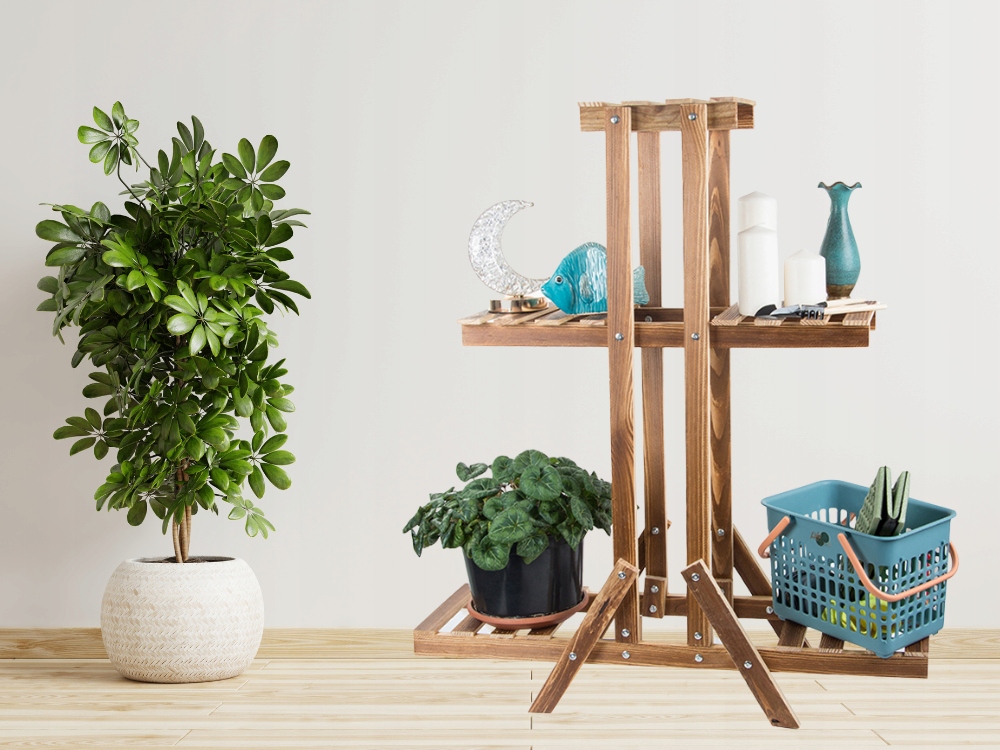 Trīslīmeņu koka puķu podu plaukts, statīvs, augu un mājas dekora stends, 98cm | Wooden Flower Shelf Stand (6)