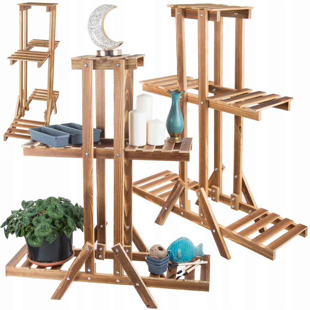 Trīslīmeņu koka puķu podu plaukts, statīvs, augu un mājas dekora stends, 98cm | Wooden Flower Shelf Stand (7)