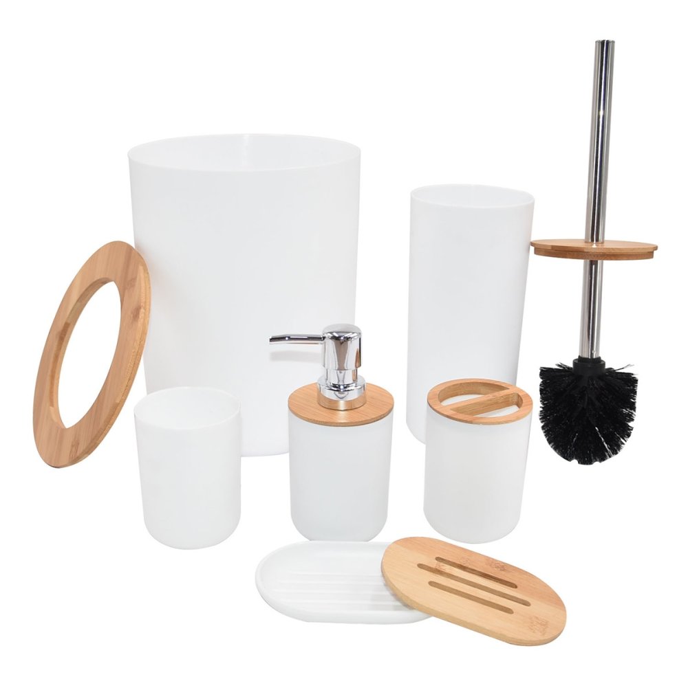 6-daļīgs vannas istabas piederumu komplekts (birste, šķidro ziepju dozators utt.), Balts | Bathroom Accessories (1)