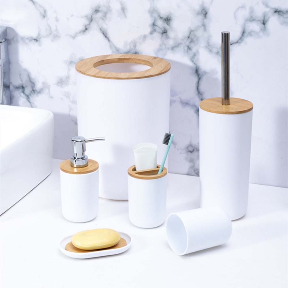 6-daļīgs vannas istabas piederumu komplekts (birste, šķidro ziepju dozators utt.), Balts | Bathroom Accessories (0)