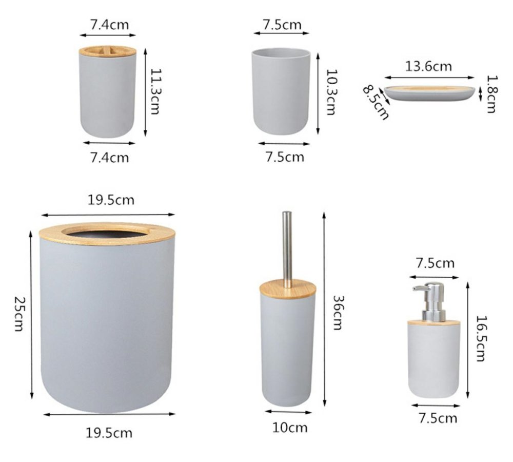 6-daļīgs vannas istabas piederumu komplekts (birste, šķidro ziepju dozators utt.), Balts | Bathroom Accessories (2)