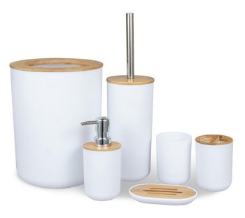 6-daļīgs vannas istabas piederumu komplekts (birste, šķidro ziepju dozators utt.), Balts | Bathroom Accessories