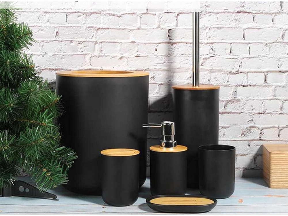 6-daļīgs vannas istabas piederumu komplekts (birste, šķidro ziepju dozators utt.), Melns | Bathroom Accessories (0)