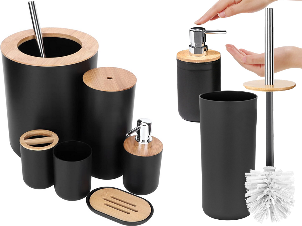 6-daļīgs vannas istabas piederumu komplekts (birste, šķidro ziepju dozators utt.), Melns | Bathroom Accessories (4)