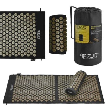 4Fizjo akupresūras paklājs, akupunktūras adatu masāžas paklājiņš, Kuznecova aplikators, komplekts ar spilvenu, 110x42 cm, Melns/Zelta | Acupuncture Massage Mat