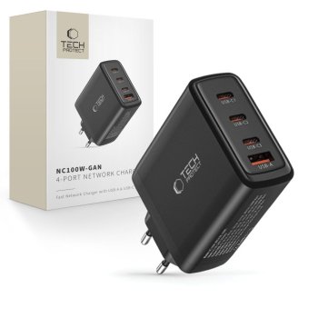 Tech-Protect NC100W-GAN sienas lādētājs GaN, 3x USB-C PD 100W / USB-A QC 3.0 – melns