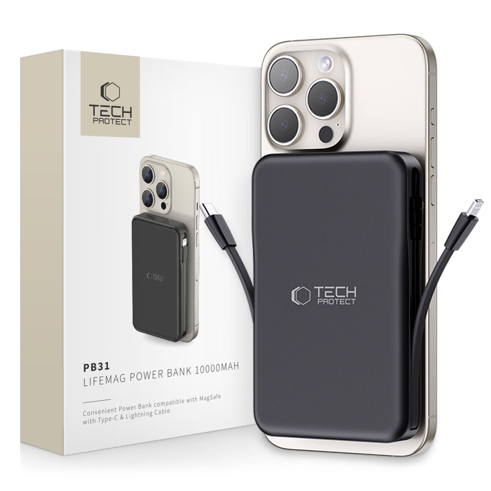 Tech-Protect LifeMag PB31 Powerbank ar MagSafe 10000mAh 15W USB-C / USB-A iebūvēts Lightning kabelis - melns | with...